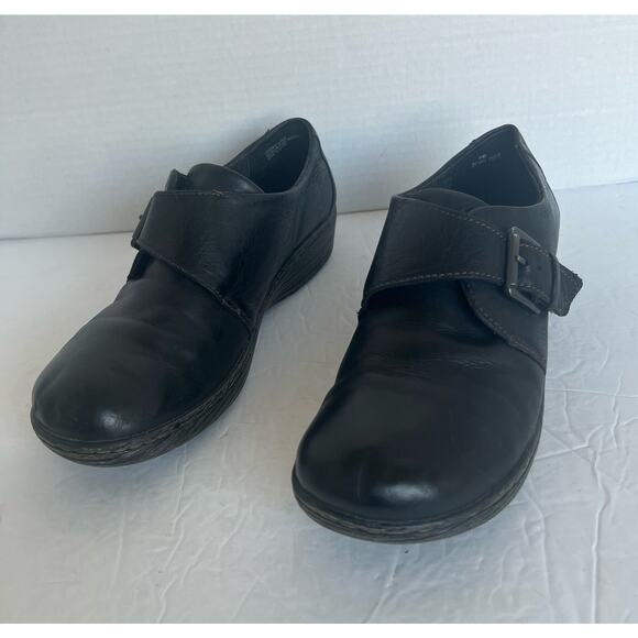 BOC Born Concept Black Leather Slip On Round Toe Buckle Low Heel Loafer Shoes 9M - Picture 1 of 12